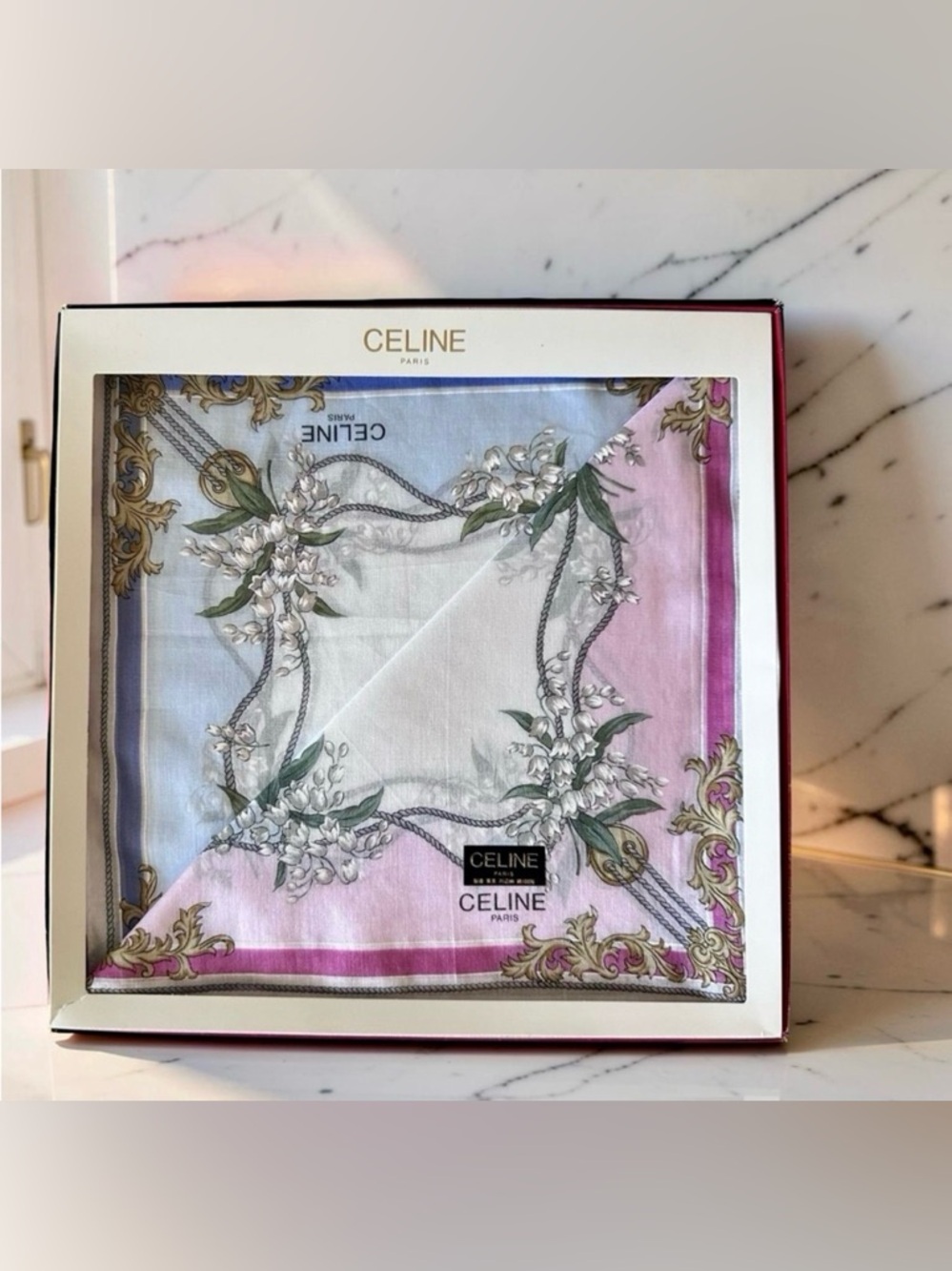 Celine NEW Pink/Blue handkerchief Set of two floral and rope designScarf